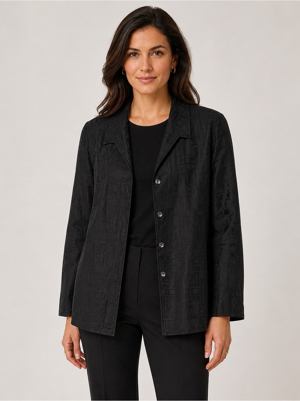 Vintage Diane Gilman Collection Jacket M Black Linen Silk Jacquard Geometric